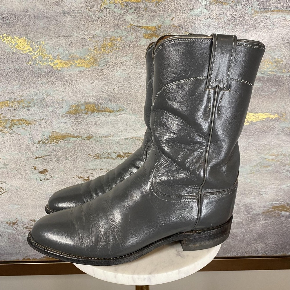 Justin Boots Mens Size 8.5D Gray Leather Western Cowboy Roper Round Toe USA 3025